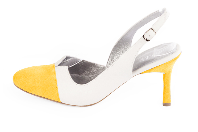 Yellow and off white women's slingback shoes. Round toe. High slim heel. Profile view - Florence KOOIJMAN